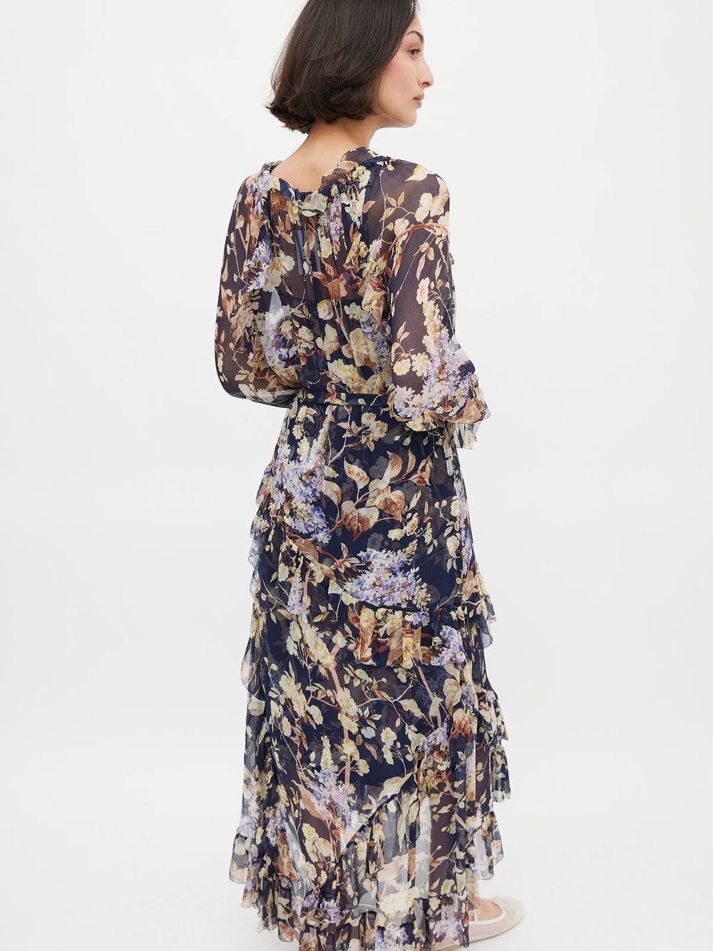 Zimmermann Navy Floral Tiered Tie-Neck Maxi Dress - Picture 6 of 17